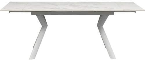 Kare Design Tisch Xenia, Weiß, Ausziehtisch, Pflegeleicht, von 140cm bis 200cm auziehbar, 4-8 Personen, Esszimmertisch, lackierte Steinplatte, 76x140x80 cm (H/B/T)