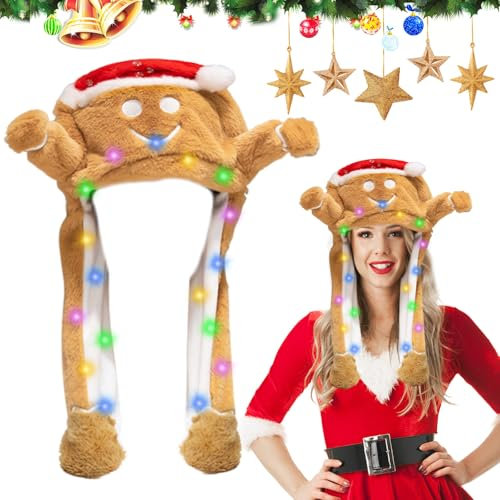 Qunkun LED Weihnachtsmütze, Mütze mit Beweglichen Ohren, Weihnachtsmütze LED Plüsch, Tier Plüsch Spielzeug Hut für Kinder und Erwachsene, Weihnachtsmütze Lustiger Hut für Cosplay Weihnachten Party