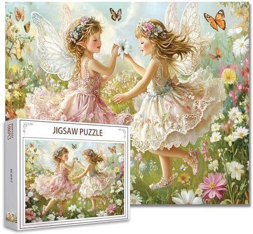 Zwei niedliche kleine Feen Jigsaw Puzzle, Fee Mädchen mit Schmetterlingen Blumen 1000 Stück Jigsaw Puzzles für Erwachsene Puzzles HD Qualität Fantasy Puzzle Geschenk, Familienaktivität für Spielabend
