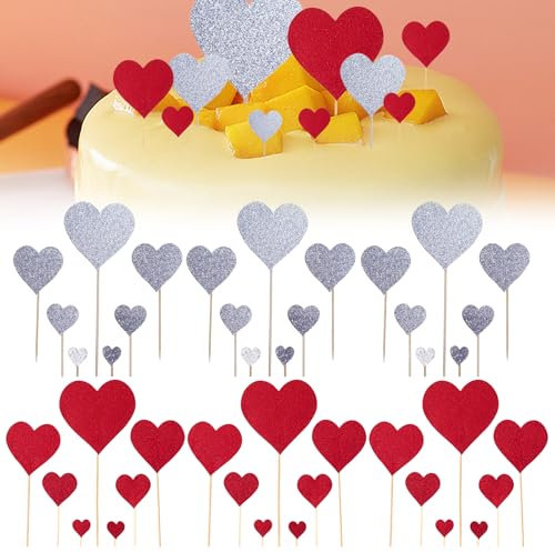 Amor Corazón Cupcake Toppers 42 Piezas Decoración para Cupcakes Decoración para Tartas Adecuado para Fiestas Bodas Decoración de Pasteles (Plateado/Rojo)