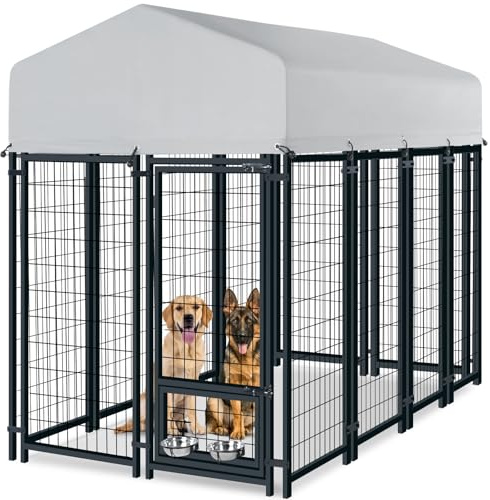 Oranland Outdoor Dog Kennel, Heavy Duty Welded Wire Steel Dog kennels with Secure Lock for Outside, Dog Pen with Waterproof Roof Cover and 2 Rotating Dog Bowls