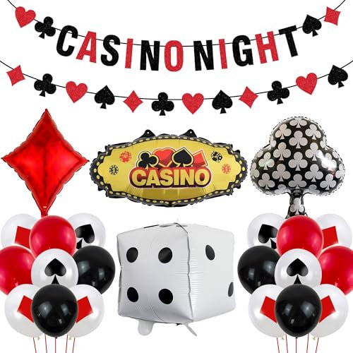 Casino Poker Party Ballons Deko - 49 Stücke Spielkarten und Würfel Luftballons Schwarz Rot Weiß Folienballon, Casino Night Banner Girland Dekoration für Geburtstag Themenparty