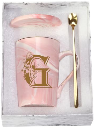 Letter G Personalized Initial Mugs with Flower, Letter G Personalized Novelty Coffee Mug, Novelty Letter Coffee Mugs for Women, Bridal Shower Gifts, Women's Initials Gifts Coffee Mug 14 Ounce Pink