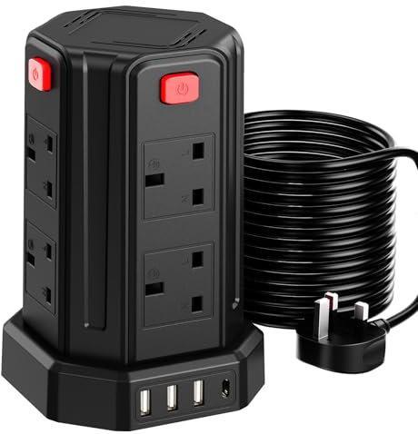 Tower Extension Lead 10M, (13A 3250W), 8 AC Outlets and 4 USB Ports Extension Tower, Surge Protection Extension Lead with 4 Independent Switch, 17W USB C Ports Extension Cable 10M for Office, Home