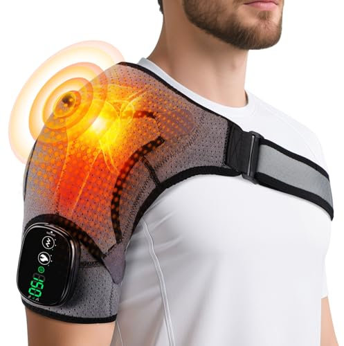 Cordless Heated Shoulder Massager Pad, Shoulder Heating Brace with Adjustable 3-Level Heat and Vibration, Touch Screen Control and 5000mAh Battery, Fits Left Or Right Shoulder of Men Women (Grey)