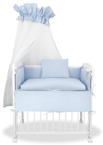 Baby Delux Beistellbett Set Babybett Komplett Set Stubenwagen weiß 90x40 mobil mit Rädern inkl. Bettwäsche Matratze (Royal Blau)