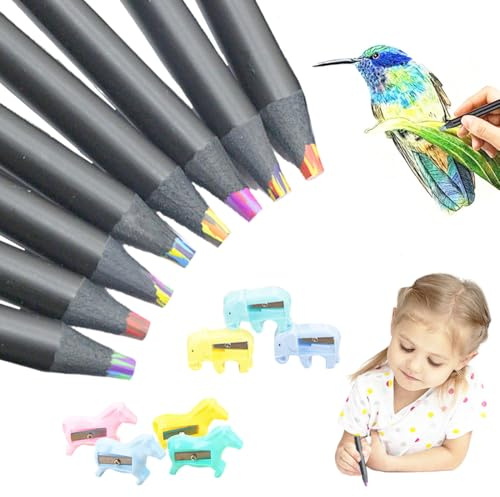 MLRUQRX 8 Stück Regenbogenstift Buntstifte Kinder 7 In 1 Regenbogen Buntstifte Dickere Mine Art Supplies Für Erwachsene Zeichnung Färbung Skizzieren Schule Klassenzimmer Mit 2 Bleistiftspitzern