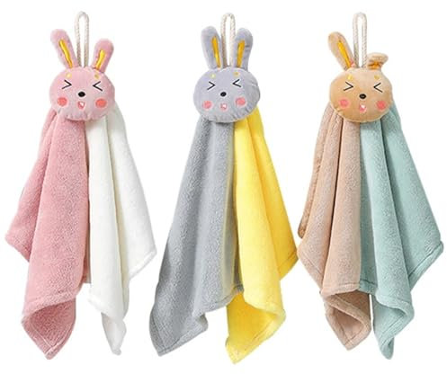Nyutcwe 3pcs Handtücher, Cartoon Kaninchen Süßes Handtücher mit Hängeschleife, ultraabsorbierende weiche Korallenlasse Kindertuch für Küchenbadezimmer Heimat