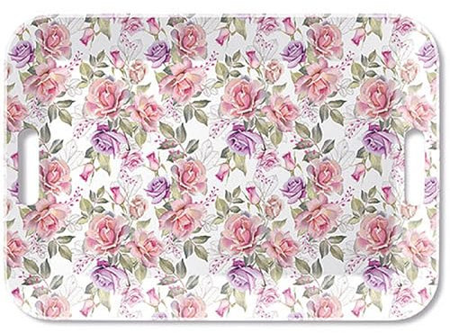Tablett 33x47cm Melamin mit Vintage Rosen Motiv - zum Dekorieren & Servieren - Serviertablett für Kaffee Tee Frühstück - Tischdeko Frühling Sommer Hochzeit - Dekotablett floral Rosa Weiß