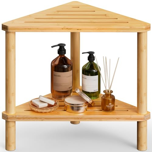 Aollewoiti Tabouret de douche d'angle en bambou – Tabouret de douche imperméable pour douche intérieure, pieds de rasage et petits espaces, repose-pieds de douche à 2 niveaux avec étagère de rangement
