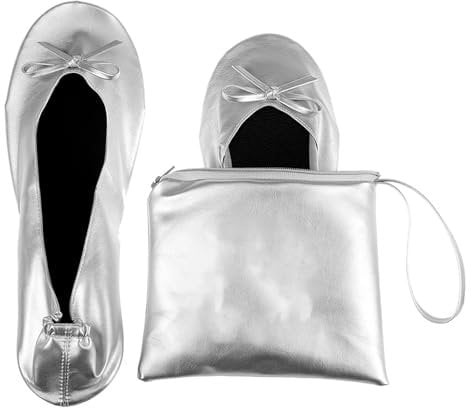 Momolaa UK 5.5 Ladies Roll up Shoesportable Travel Ballet Flat Fold up Pumps After Party Shoes Slipper (with Carrier Pouch) A0_Clearance Silver