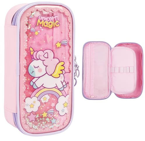 OFFCUP Federmäppchen mit 3 Fächer wasserdichte Mäppchen Etui Stifte mit Quicksand für Schule Büro Große Kapazität Pencil Case Reißverschluss für Kinder Teenager Mädchen Erwachsene -Einhorn