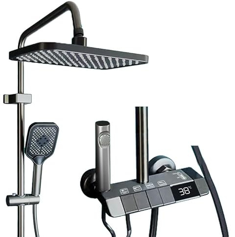 Duscharmatur Komplettset, Quadratische Regendusche mit Armatur, Duschsystem mit 4 Betriebsmodi, Höhenverstellbar, digitale LED-Anzeige, Pistolengrau Wasserhahn Duschset