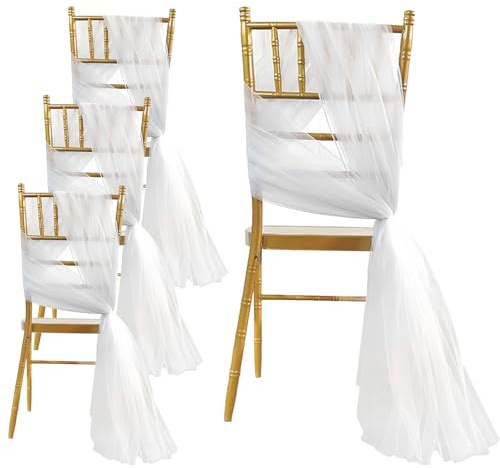 SNSYGN 4 Stück Stuhl Deko Hochzeit, Organza Stuhlschleife Hochzeit 100cm x 160cm Stuhlschleifen Tüll Stuhlbezug Stuhl Dekoration für Hochzeit Party, DIY Handwerk (Weiß)