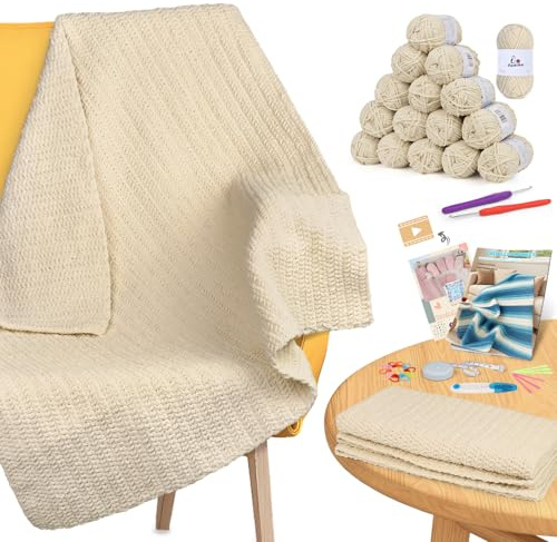 Aeelike Chenille Wolle Decke Häkelset für Anfänger, Einfaches Häkel Set mit Häkelnadeln, Weichem Chenillegarn, Detaillierter Anleitung und Häkelzubehör, Komplettes Anfänger-Häkeln-Set, Khaki
