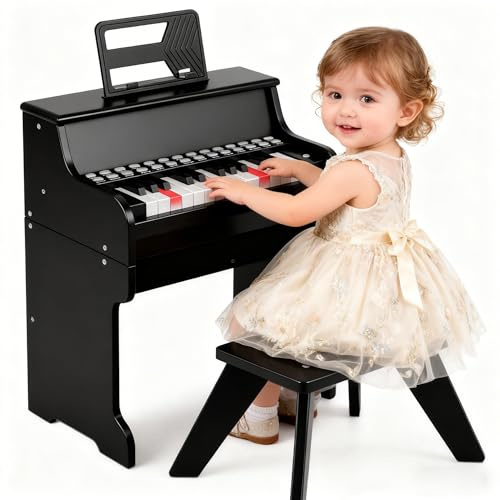 DREAMADE Clavier de Piano 25 Touches pour Enfants, Mini Piano Numérique avec Tabouret, Vitesse et Volume Réglables, Mode d'Enseignement, Pupitre Amovible (Noir)