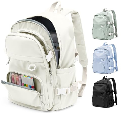pectodox Schulrucksack Teenager Damen Herren, Leichter Rucksack Schule Uni mit Vielen Fächern, Wasserdicht Rucksack 14 Zoll Laptop Schulrucksäcke, Groß Casual Schultasche Daypacks(Beige)