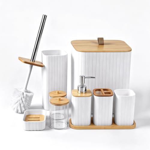 EXLECO 9 Pcs Badezimmer Set, Kunststoff + Bambus Bad Organizer Zubehör Weiß | WC Garnitur, Toilettenbürste, 2 Wattestäbchen Behälter , WC Mülleimer, Seifenspender, Zahnputzbecher, Tablett, Seifenschale