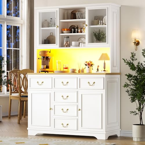 Merax Küchenschrank 180cm mit LED & Steckdosen, Buffetschrank Vorratsschrank für Küche mit Arbeitsplatten, Glastür, Schubladen, Gewürzregal, Offene Regale, Hochschrank Küchenbuffet Sideboard, Weiß