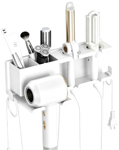 FANGCCC Hair Dryer Holder, Hairdryer Holder Wall Mounted, Metal Hair Dryer and Straightener Holder with Storage Basket, Hair Tools Organiser for Bathroom (White)