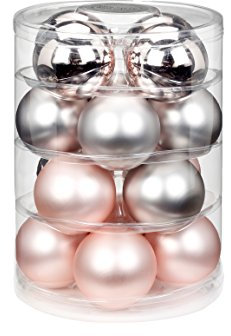 Inge-glas 15231D004MO Glaskugel, 75 mm, 16 Stück/Dose, Soft Simplicity-Mix, (Zinn matt, leichtrosa matt, leichtrosa Glanz)
