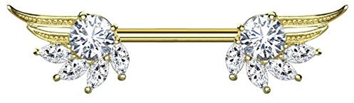 beyoutifulthings Brustwarzen-Piercing ZIRKONIA Engels-FLÜGEL Brust-Piercing Nippel-Piercing Edelstahl Gold Clear Stab 1,6mm 14mm