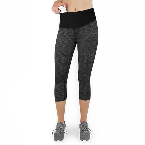 Formbelt Sport Leggings Damen 3/4 mit Hüfttasche für Handy | Laufhose Capri Dreiviertel 3 4 | Fitness Sport Tights Yoga Hose Sporthose Jogging Bunt Farbig schwarz-grau XXL