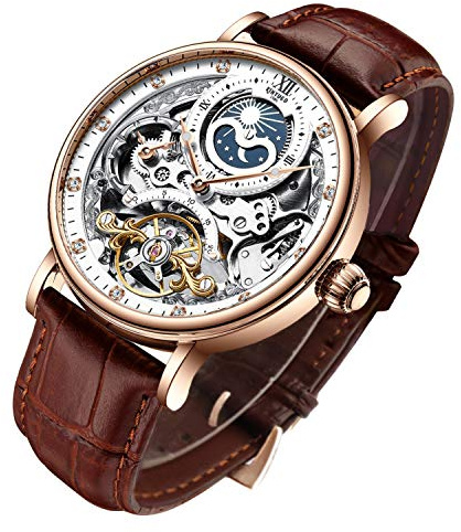 IK COLOURING Mens Luxury Skeleton Automatic Mechanical Wrist Watches Leather Moon Phrase Luminous Hands Self-Wind Watch