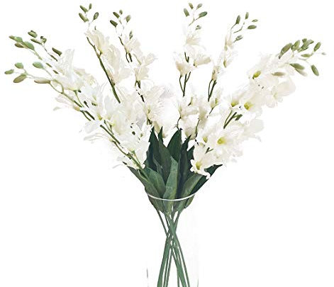 Suandsu Künstliche Dendrobium-Blumen, künstliche Orchideen, Tischdekoration, ca. 66 cm hoch, Weiß, 10 Stück
