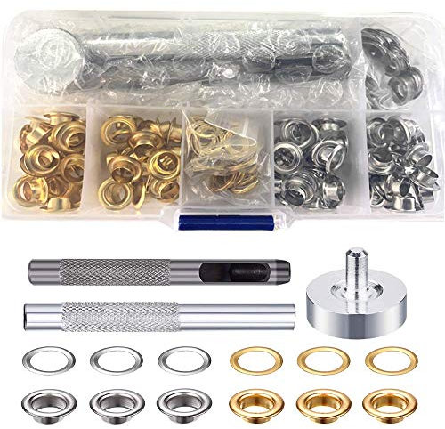 TAIANJI 100 PCS 6mm Eyelets Grommet Kit for Tarpaulin, Fabric, Curtains and Craft Making, with 100 Pair Metal Eyelets Set and Hole Punch Tool and Fastened Tool in Box