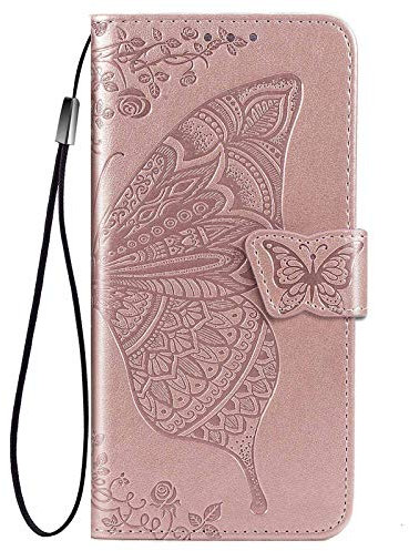 HAOTIAN Hülle für Huawei Y6p 2020 Hülle, Schmetterling Geprägtem PU Leder Magnetische Filp Handyhülle mit Kartensteckplätzen/Standfunktion, Anti-Rutsch Schutzhülle. Rosé Gold