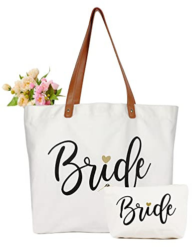 Bride Bag with Makeup Bag, Mrs Tote Bag, Bride to be Gifts/Bridal Shower Gifts for Bride, White