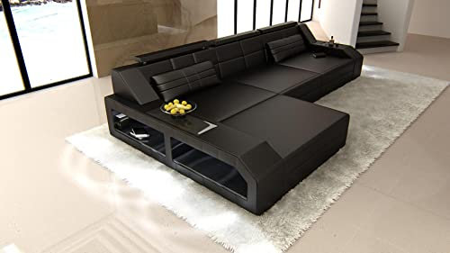 Ledersofa Arezzo L Form Sofa - mit LED Beleuchtung, verstellbare Kopfstützen, Recamiere/Lederfarben wählbar/Ausrichtung Ottomane wählbar (Ottomane Links, Black)