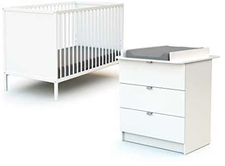 WEBABY – Weißes Duo aus Babybett und Kommode | 60x120 Bett | Verstellbarer Lattenrost in 3 Höhen | Kommode mit 3 Schubladen | Abnehmbarer Wickeltisch inklusive