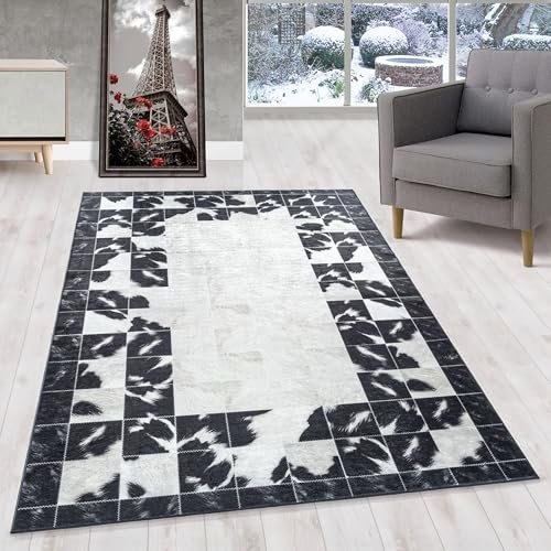 HomebyHome Kurzflor Teppich Läufer Flur 80x150 cm Schwarz, Tierform und Kariert Design - Vintage Teppich, rutschfest, Waschbar und Weich - Ideal für Schlafzimmer als Bettvorleger und Küchenläufer