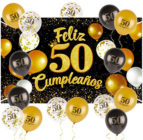 Decoración 50 Cumpleaños Pancarta Grande Feliz 50 Cumpleaños Español + 15pcs Globos Photocall 50 años Fiesta Cartel Oro Negro