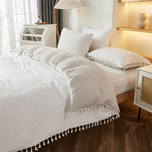 Herside Quasten-Bettbezug-Set, 2-teilig, schicke Quasten, Fransen, Weiß und Beige, Wende-Bettwäsche-Set, ultraweiche Mikrofaser, Einzelbett mit Reißverschluss, Weiß und Beige, Einzelbett