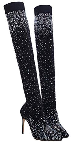 ERINGOGO Womens Black over Knee Boots High Heel Thigh High Boots with Rhinestone Detail Non Slip Sole Comfortable Stretch for Party Casual