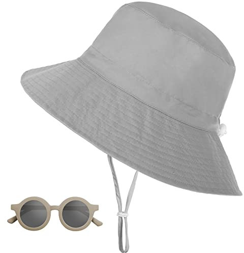 Sonnenhut Baby, UV-Schutz UPF 50+ Breiter Krempe Nackenschutz Fischerhut mit Sonnenbrille, Sommer Bucket Hut mit Verstellbarem Kinnriemen, Strandhut für Kinder, Junge, Mädchen, Unisex - Grau