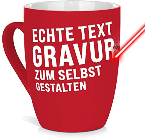 PR Print Royal Tasse mit Gravur selbst gestalten - mit eigenem Spruch/Wunschname gravieren - Geschenk Geburtstag, Weihnachten, Freunde, Familie Keramiktasse außen gummiert - Rot, 300 ml I Lasergravur