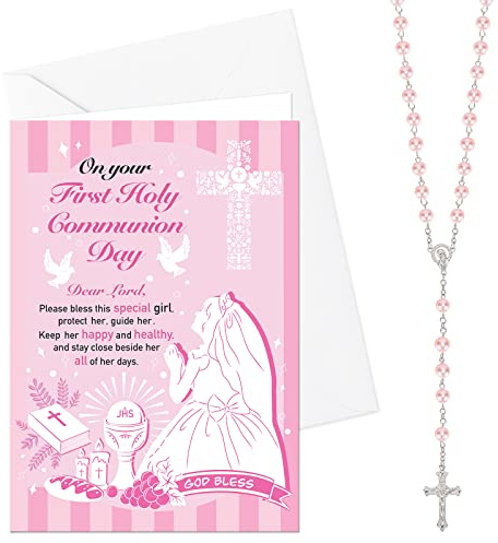 HOWAF First Holy Communion Card for Girls, Congratulations Card & Rosary Beads Catholic Pearl Cross Necklace for First Holy Communion Gifts for Girls, Daughter, Granddaughter, Pink