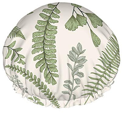 Leaves Shower Cap,Green Leaves And Fern Pattern Waterproof Double Layer Bath Caps Perfect For All Hair Lengths And Thicknesses