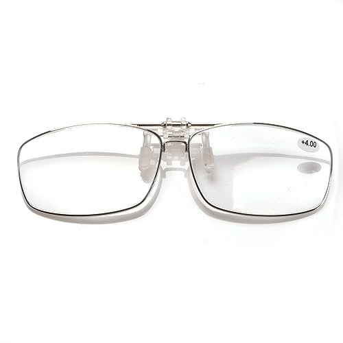 VANANA Clip On Blue Light Blocking Reading Glasses, Flip Up Magnifying Glasses, Metal full-Frame Magnifiers Lenses Readers for men and women with Portable glasses case (Clear, 2, multiplier_x)