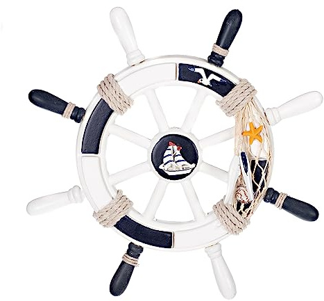 Birendy Holzdeko Steuerrad in Blau Weiß mit maritimen Keramikapplikationen Durchmesser 33cm Perfekte maritime Dekoration (5-Schiff-Möwe)