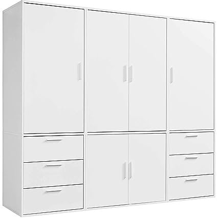 mokebo Kleiderschrank groß in Weiß 6-türig & 6 Schubladen 'Der Grenzenlose' Schlafzimmerschrank modular & kombinierbar, Garderobenschrank, Flurschrank, Drehtürenschrank, Schrank 210x187x58 (BxHxT)