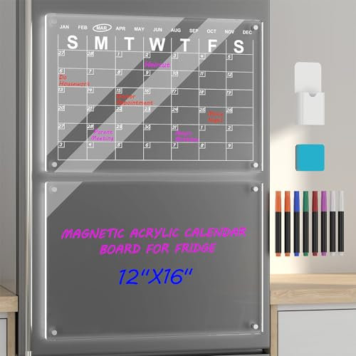 W&H 2pcs Magnetic Acrylic Calendar for Fridge, 16X12 Clear Acrylic Dry Erase Board and Calendar for Refrigerator, Clear Erasable Monthly and Memo Whiteboard Calendar Planner with 8 Markers