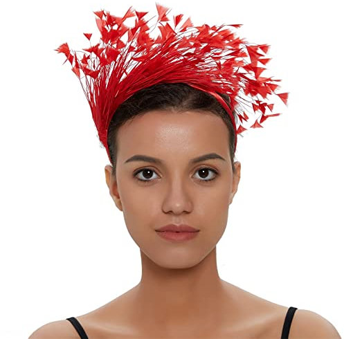 TOPEREUR Fascinator Hut Mädchen Haar Mesh Feder Clip Elegant Haarklammer Schleier für Party Kirche Hochzeit Cocktail Jockey Club Rot