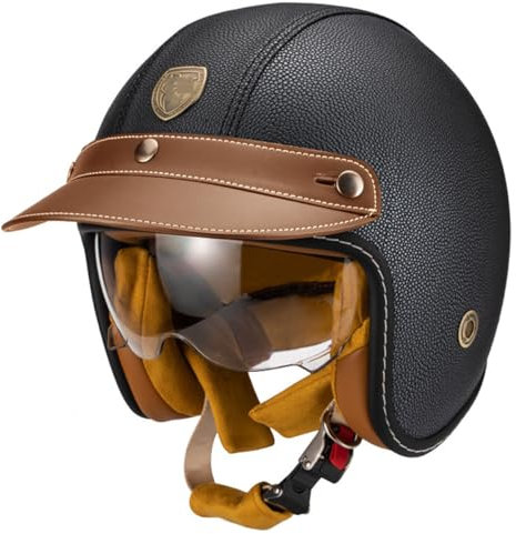 Casco Moto Vintage Pelle PU,Caschi Demi Jet Stile Tedesco 3/4 Con Visiera Parasole Casco Da Moto Con Calotta Teschio,Casco Unisex Approvato DOT/ECE Casco A Scodella 4,XXL:63-64CM