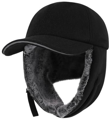 PivotWing Casquette Homme Femme Hiver, Chapkas Homme Femme Laine Casquette de Baseball avec Oreillette Chapeau Trappeur Hiver Chapka Fourrure Artificielle Casquette Cache Oreille Noir