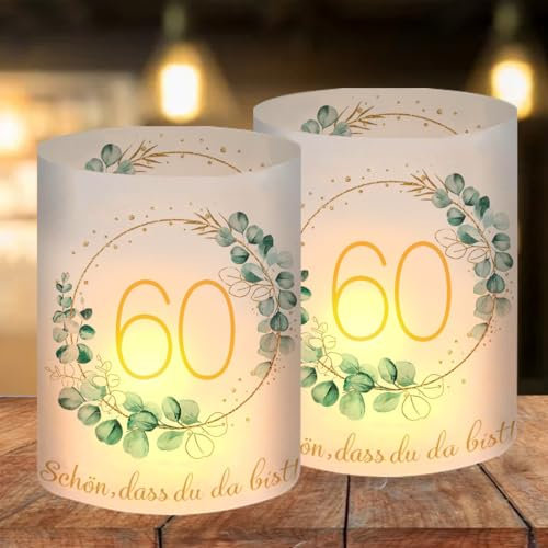 Windlicht Deko 60. Geburtstag Frauen und Männer - Teelichter oder Kerzen mit 'Schön DASS Du Da Bist' und Eukalyptus